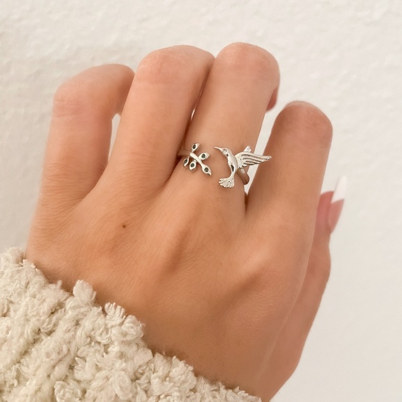 925 Sterling Silver Hummingbird Ring Bird Ring Tree Branch Ring Leaf Ring - Picture 1 of 9